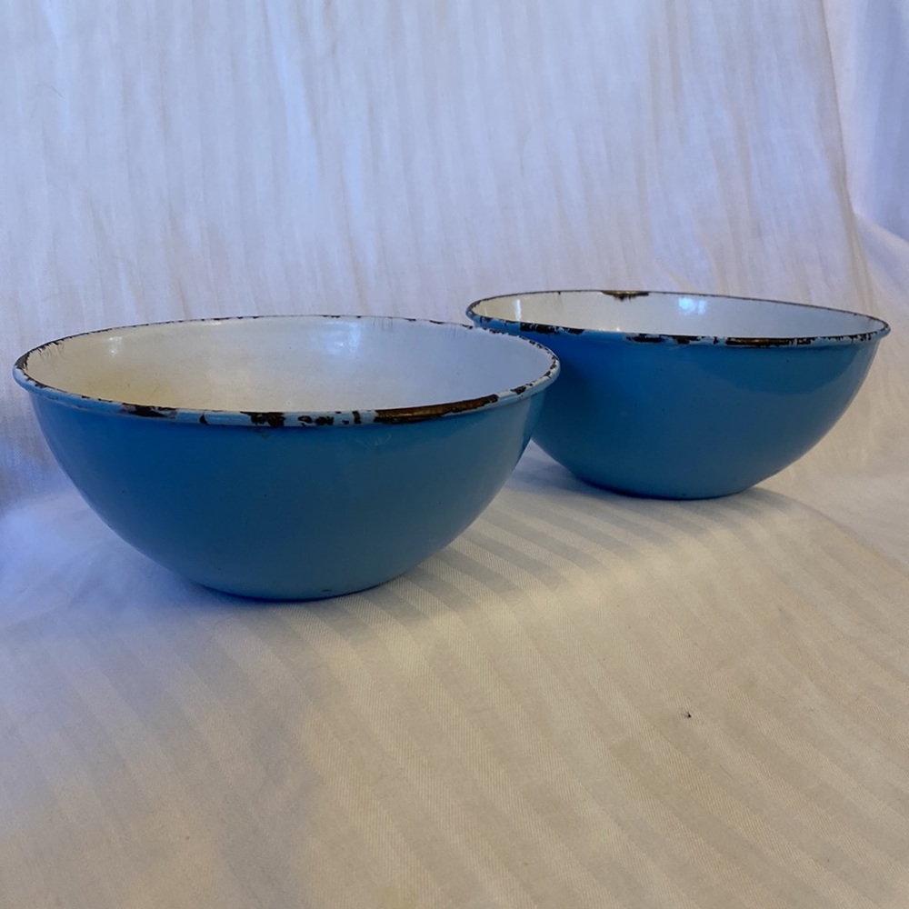 Very Old Blue Enamelware Bowls (Pair)